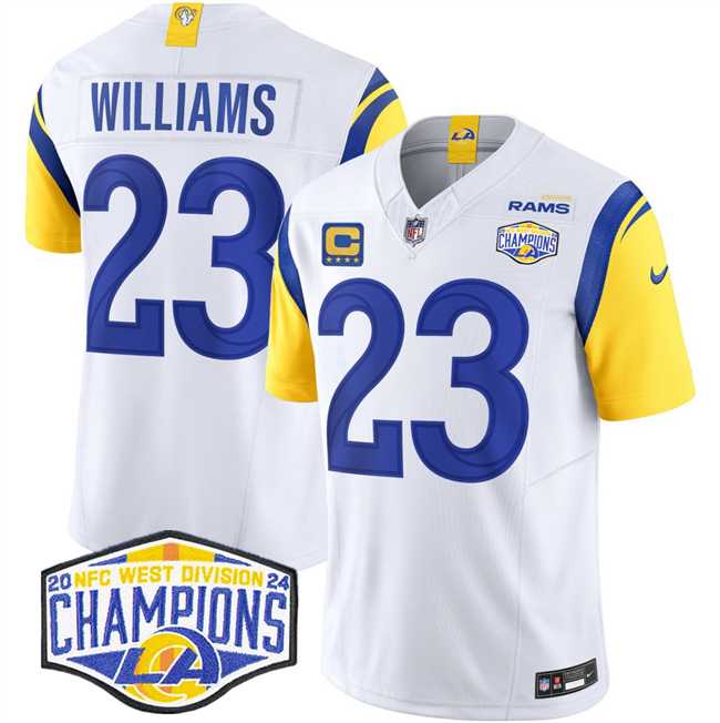 Mens Los Angeles Rams #23 Kyren Williams White 2024 NFC West Champions With 4-Star C Patch F.U.S.E. Vapor Untouchable Stitched Jersey->los angeles rams->NFL Jersey